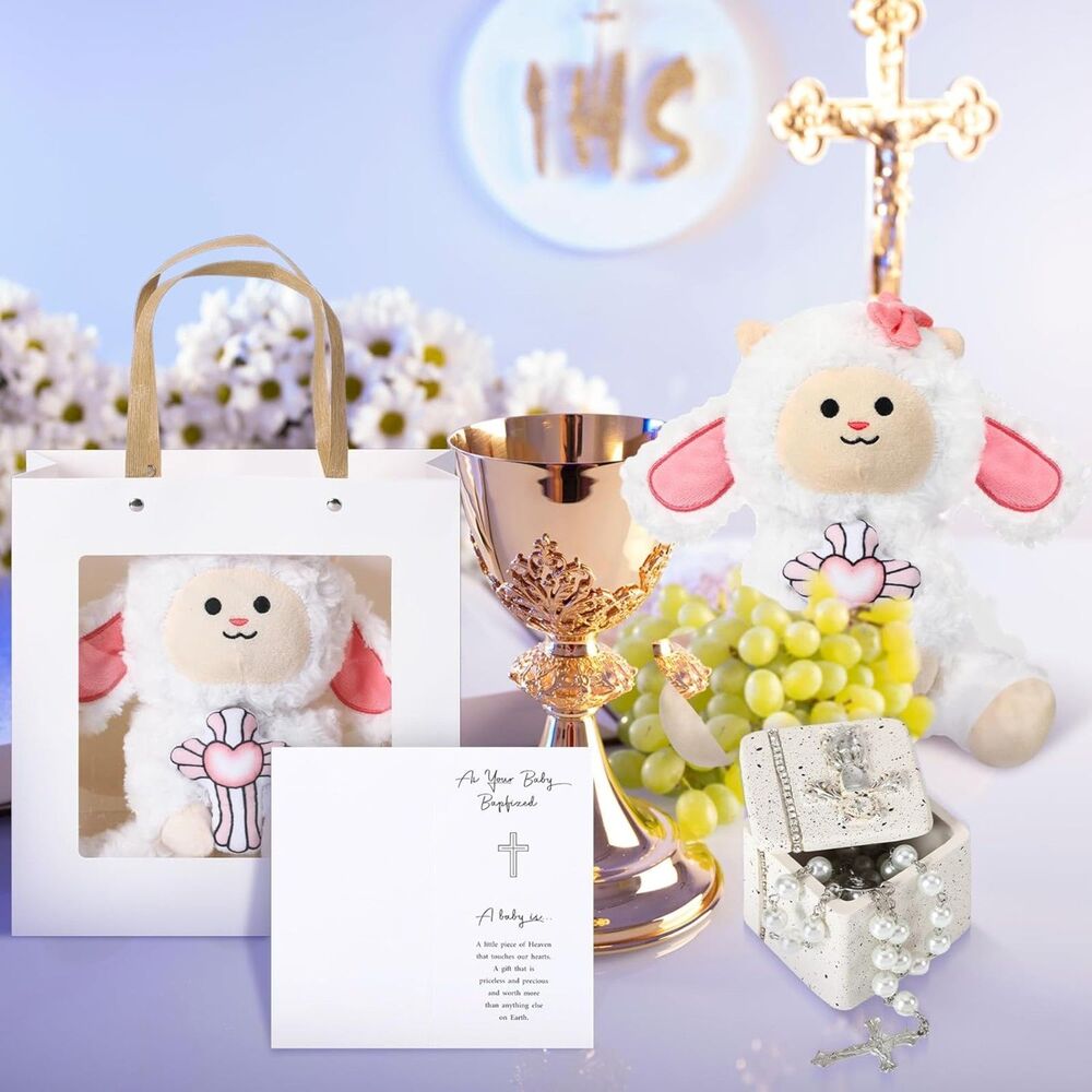 First Communion Baptism Stuffed Lamb Rosary Gift Set
